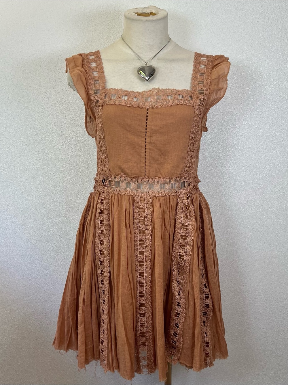 Free People Women's Rust Lace-Trim Sleeveless Dress